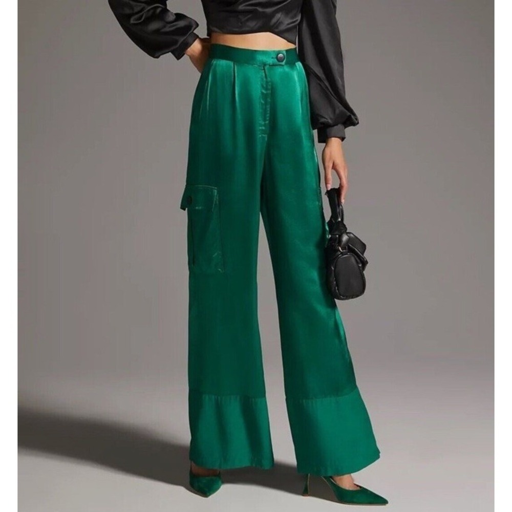 Anthropologie Corey Lynn Calter Wide Leg Satin Cargo Pants in emerald green XS